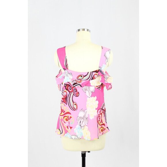Vintage 00's TWO ROADS Pink Y2K Graphic Print Chiffon Ruffle Tank Top, Size L - Picture 3 of 10